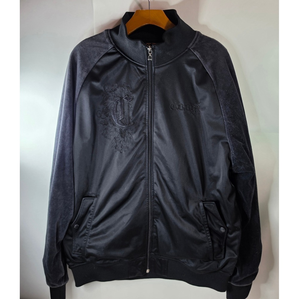Vtg Coogi Track Jacket Mens Full Zip Black Velour Satin Embroidered Crest XL